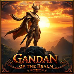 An epic movie poster featuring Gandan, a powerful warrior of the realm, standing heroically atop a mountain with a breathtaking sunset in the background