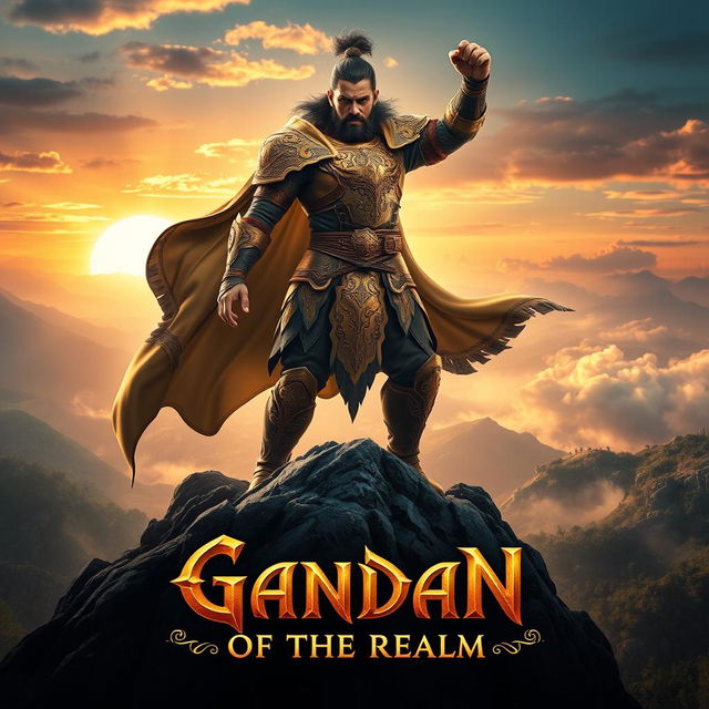 An epic movie poster featuring Gandan, a powerful warrior of the realm, standing heroically atop a mountain with a breathtaking sunset in the background