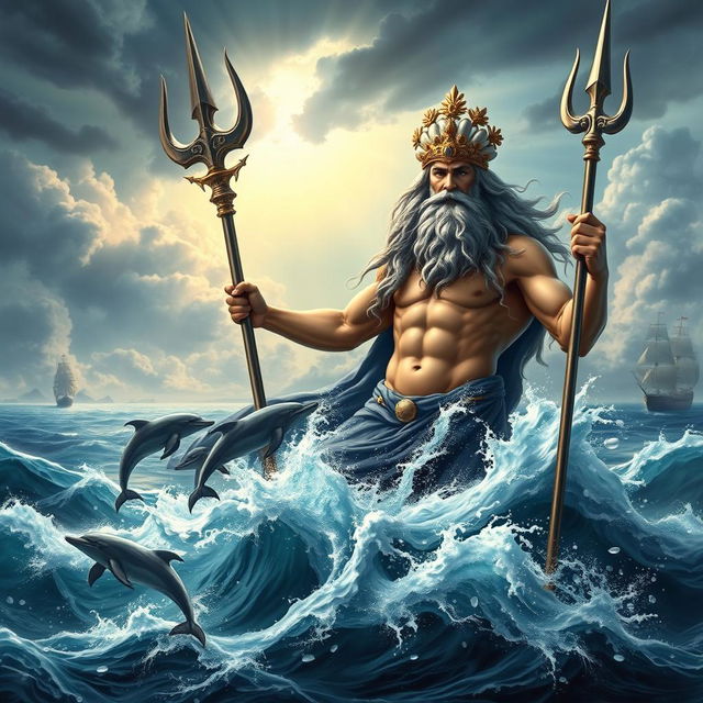 A majestic and powerful depiction of Poseidon, the Greek god of the sea