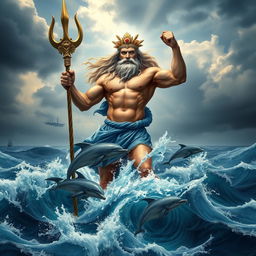 A majestic and powerful depiction of Poseidon, the Greek god of the sea