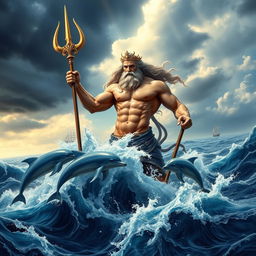 A majestic and powerful depiction of Poseidon, the Greek god of the sea