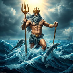 A majestic and powerful depiction of Poseidon, the Greek god of the sea