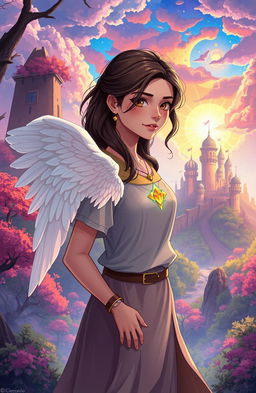 A captivating story illustration depicting a girl named Athena, who has a unique mark of angel wings on her chest, revealing her hidden royal heritage