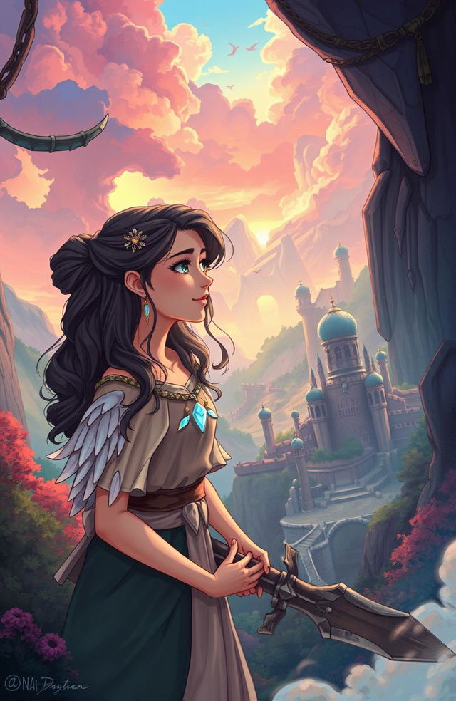 A captivating story illustration depicting a girl named Athena, who has a unique mark of angel wings on her chest, revealing her hidden royal heritage