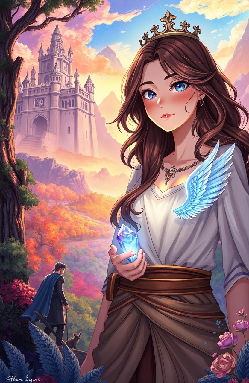 A captivating story illustration depicting a girl named Athena, who has a unique mark of angel wings on her chest, revealing her hidden royal heritage