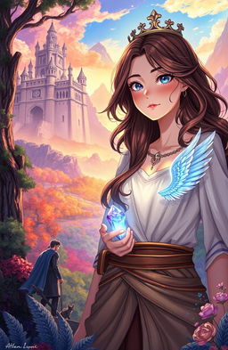 A captivating story illustration depicting a girl named Athena, who has a unique mark of angel wings on her chest, revealing her hidden royal heritage