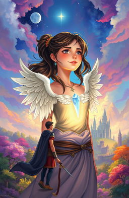 A captivating story illustration depicting a girl named Athena, who has a unique mark of angel wings on her chest, revealing her hidden royal heritage