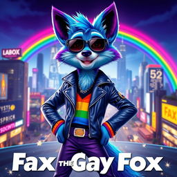 An epic movie poster featuring a charismatic and stylish anthropomorphic fox named Fax, who embraces his vibrant gay identity