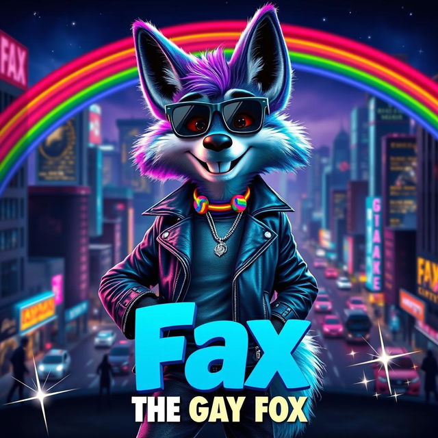 An epic movie poster featuring a charismatic and stylish anthropomorphic fox named Fax, who embraces his vibrant gay identity