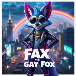 An epic movie poster featuring a charismatic and stylish anthropomorphic fox named Fax, who embraces his vibrant gay identity