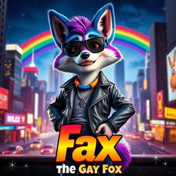 An epic movie poster featuring a charismatic and stylish anthropomorphic fox named Fax, who embraces his vibrant gay identity