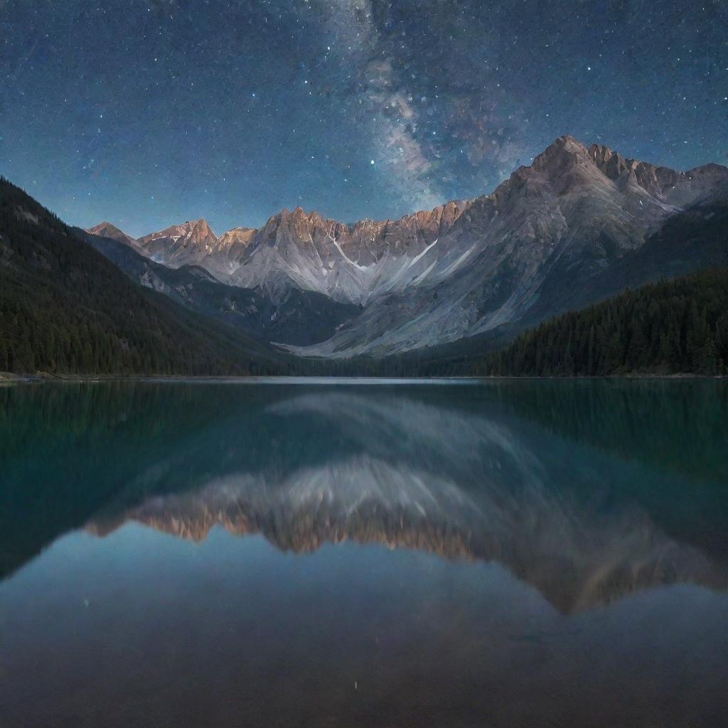 A serene, starlit landscape with tall mountains in the backdrop, a calm lake in the forefront reflecting the glittering night sky.