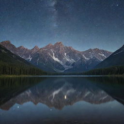 A serene, starlit landscape with tall mountains in the backdrop, a calm lake in the forefront reflecting the glittering night sky.