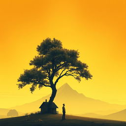 A tranquil landscape scene featuring a large, majestic tree, a charming house nestled at its base, and a towering mountain in the background, forming a triangular composition that conveys stability and balance