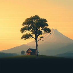 A tranquil landscape scene featuring a large, majestic tree, a charming house nestled at its base, and a towering mountain in the background, forming a triangular composition that conveys stability and balance