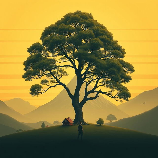 A tranquil landscape scene featuring a large, majestic tree, a charming house nestled at its base, and a towering mountain in the background, forming a triangular composition that conveys stability and balance