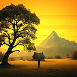 A tranquil landscape scene featuring a large, majestic tree, a charming house nestled at its base, and a towering mountain in the background, forming a triangular composition that conveys stability and balance