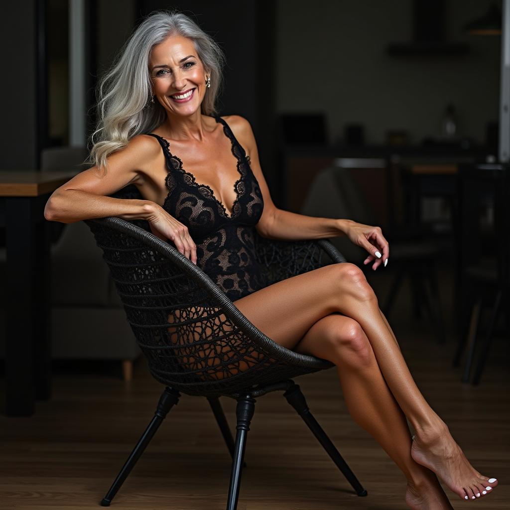 A graceful woman in her 60s with long gray hair sits comfortably in a distinctive webbed chair, exuding an aura of mature confidence