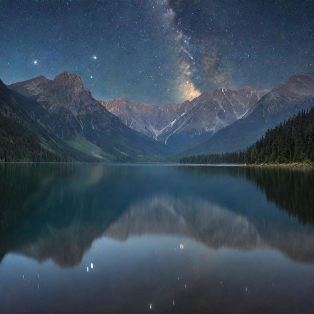 A serene, starlit landscape with tall mountains in the backdrop, a calm lake in the forefront reflecting the glittering night sky.