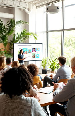 An engaging online video course showcasing a beautifully lit, modern classroom setting with a diverse group of adults attentively learning from an inspiring instructor