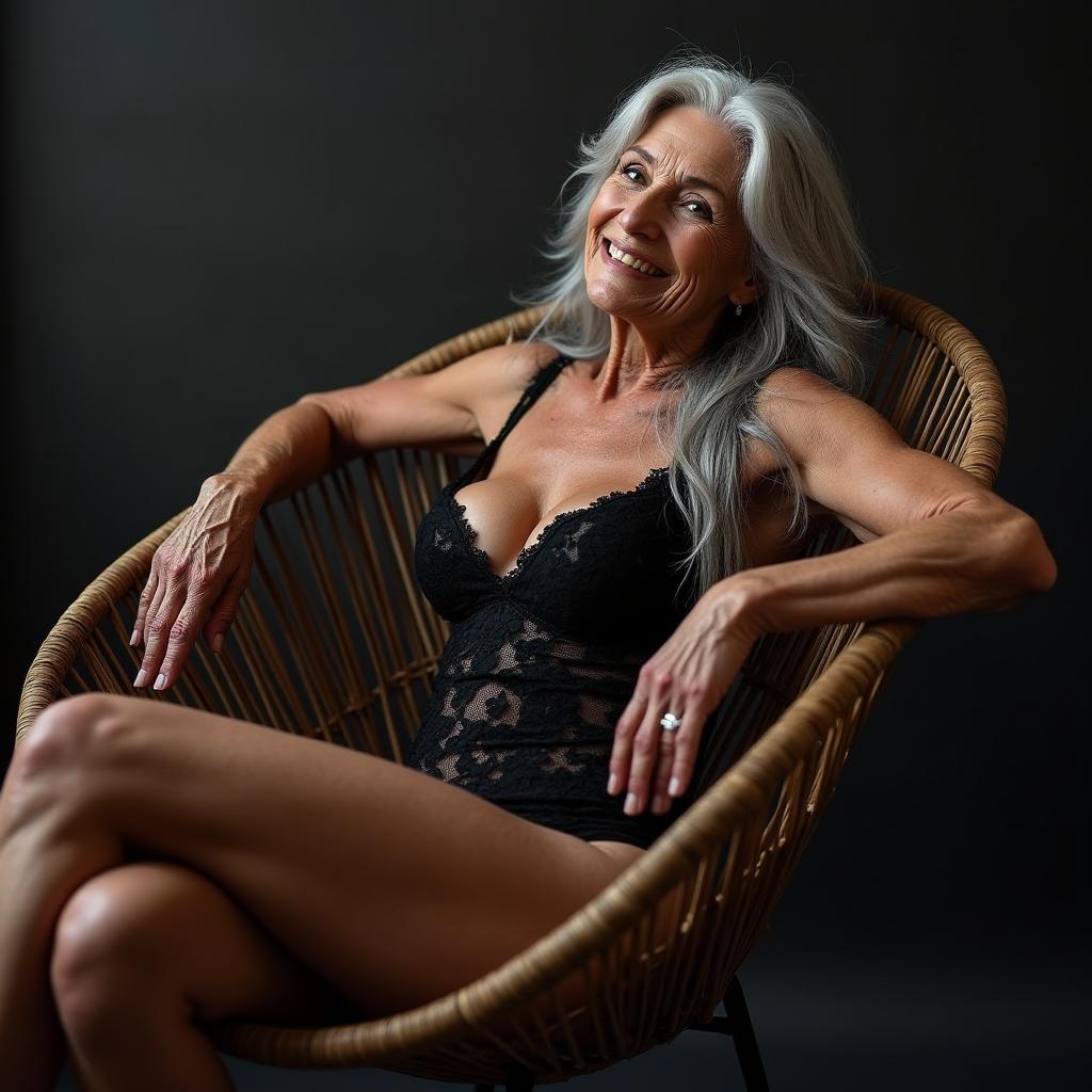 A wrinkly old woman in her 70s sits gracefully in a webbed chair, emanating an aura of mature confidence