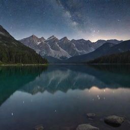 A serene, starlit landscape with tall mountains in the backdrop, a calm lake in the forefront reflecting the glittering night sky.