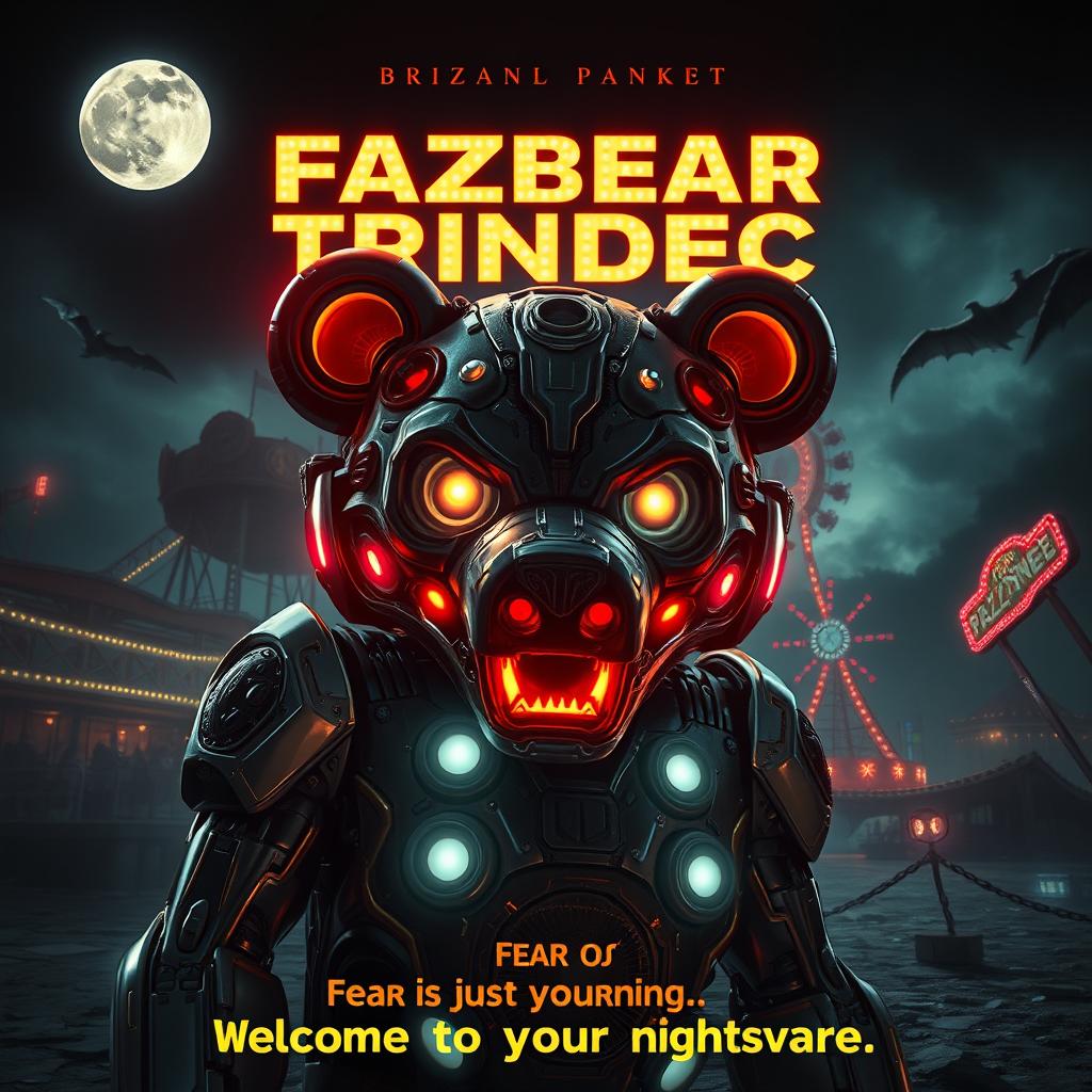 An epic movie poster featuring a futuristic and haunting rendition of Fazbear Trindec, a robotic bear character with an intricate design, glowing eyes, and metallic fur