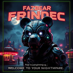 An epic movie poster featuring a futuristic and haunting rendition of Fazbear Trindec, a robotic bear character with an intricate design, glowing eyes, and metallic fur