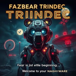 An epic movie poster featuring a futuristic and haunting rendition of Fazbear Trindec, a robotic bear character with an intricate design, glowing eyes, and metallic fur