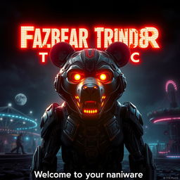 An epic movie poster featuring a futuristic and haunting rendition of Fazbear Trindec, a robotic bear character with an intricate design, glowing eyes, and metallic fur