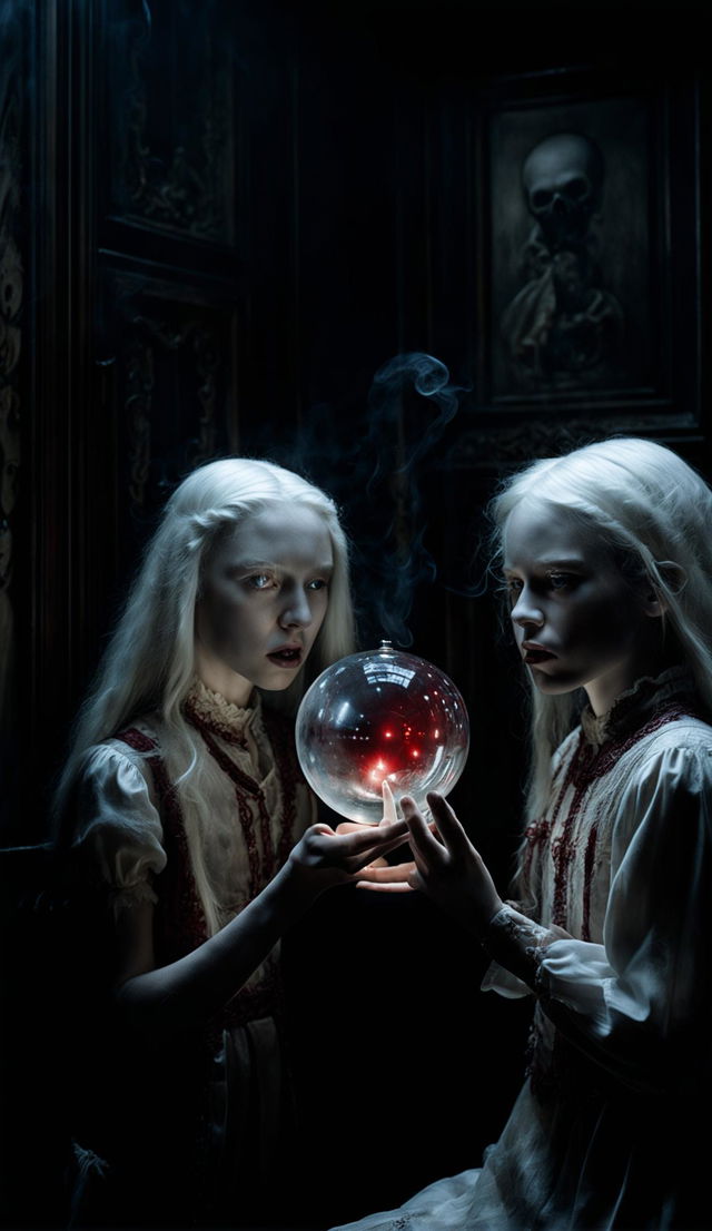 Ultra-high resolution photograph of an albino teenager in a white shift in a Victorian gothic room, watching a floating dark red crystal ball with a screaming face formed by swirling smoke inside.