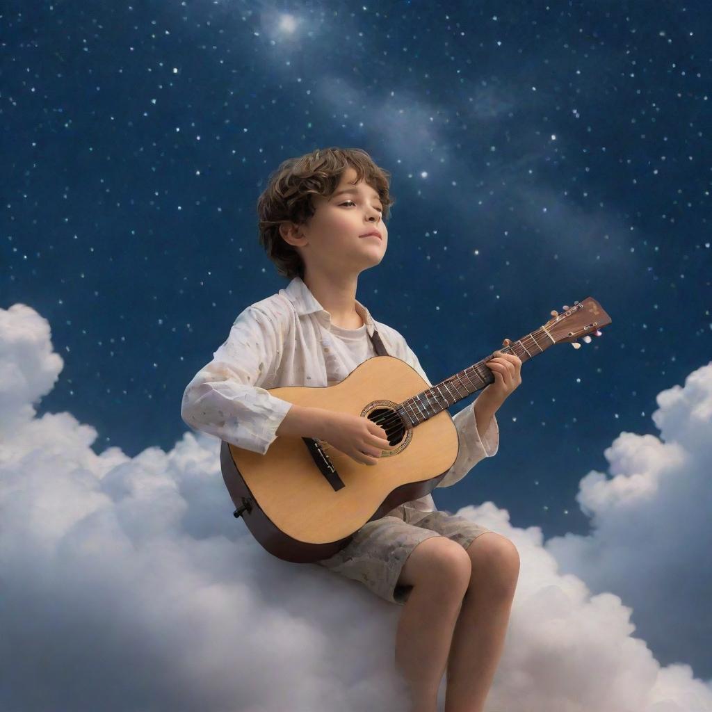 A young boy, serenely poised on a cloud in a celestial heaven, gently playing a wooden guitar under a sky full of stars and ethereal light.