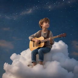 A young boy, serenely poised on a cloud in a celestial heaven, gently playing a wooden guitar under a sky full of stars and ethereal light.