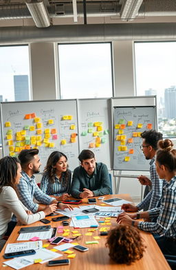 A group of diverse entrepreneurs brainstorming in a modern office space, surrounded by whiteboards covered in colorful post-it notes and ideas for innovative products