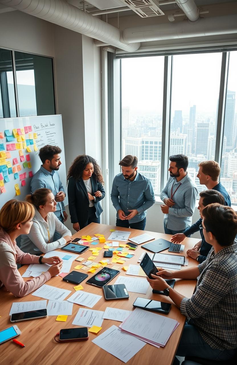 A group of diverse entrepreneurs brainstorming in a modern office space, surrounded by whiteboards covered in colorful post-it notes and ideas for innovative products