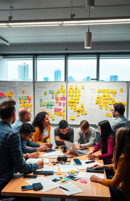 A group of diverse entrepreneurs brainstorming in a modern office space, surrounded by whiteboards covered in colorful post-it notes and ideas for innovative products