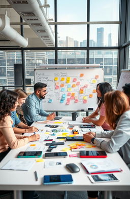 A group of diverse entrepreneurs brainstorming in a modern office space, surrounded by whiteboards covered in colorful post-it notes and ideas for innovative products