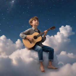 A young boy, serenely poised on a cloud in a celestial heaven, gently playing a wooden guitar under a sky full of stars and ethereal light.