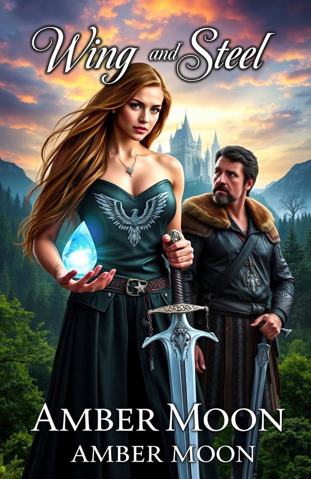 A captivating fantasy book cover for 'Wings and Steel' by Amber Moon, featuring a strong young woman named Athena, who has long flowing hair and an intricate mark of angel wings on her chest