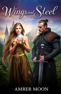 A captivating fantasy book cover for 'Wings and Steel' by Amber Moon, featuring a strong young woman named Athena, who has long flowing hair and an intricate mark of angel wings on her chest
