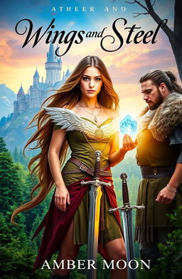 A captivating fantasy book cover for 'Wings and Steel' by Amber Moon, featuring a strong young woman named Athena, who has long flowing hair and an intricate mark of angel wings on her chest