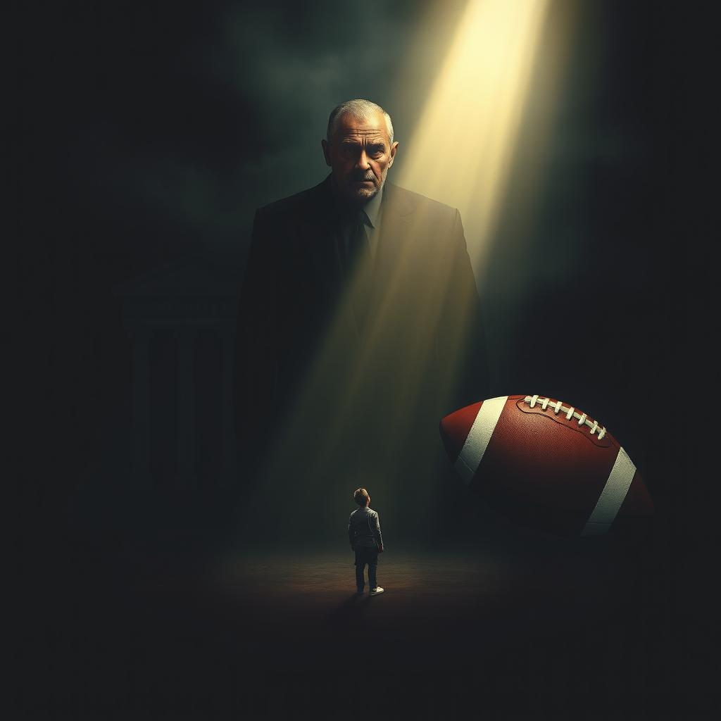 An emotionally charged scene featuring a triangular composition that includes an imposing courthouse, the father's stern figure representing demands, and a football symbolizing the boy's dreams