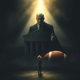 An emotionally charged scene featuring a triangular composition that includes an imposing courthouse, the father's stern figure representing demands, and a football symbolizing the boy's dreams