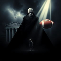 An emotionally charged scene featuring a triangular composition that includes an imposing courthouse, the father's stern figure representing demands, and a football symbolizing the boy's dreams