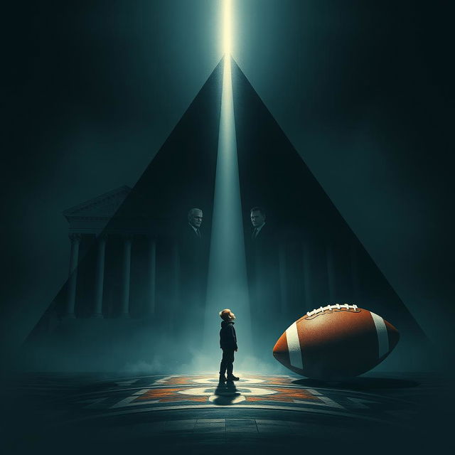 An emotionally charged scene featuring a triangular composition that includes an imposing courthouse, the father's stern figure representing demands, and a football symbolizing the boy's dreams