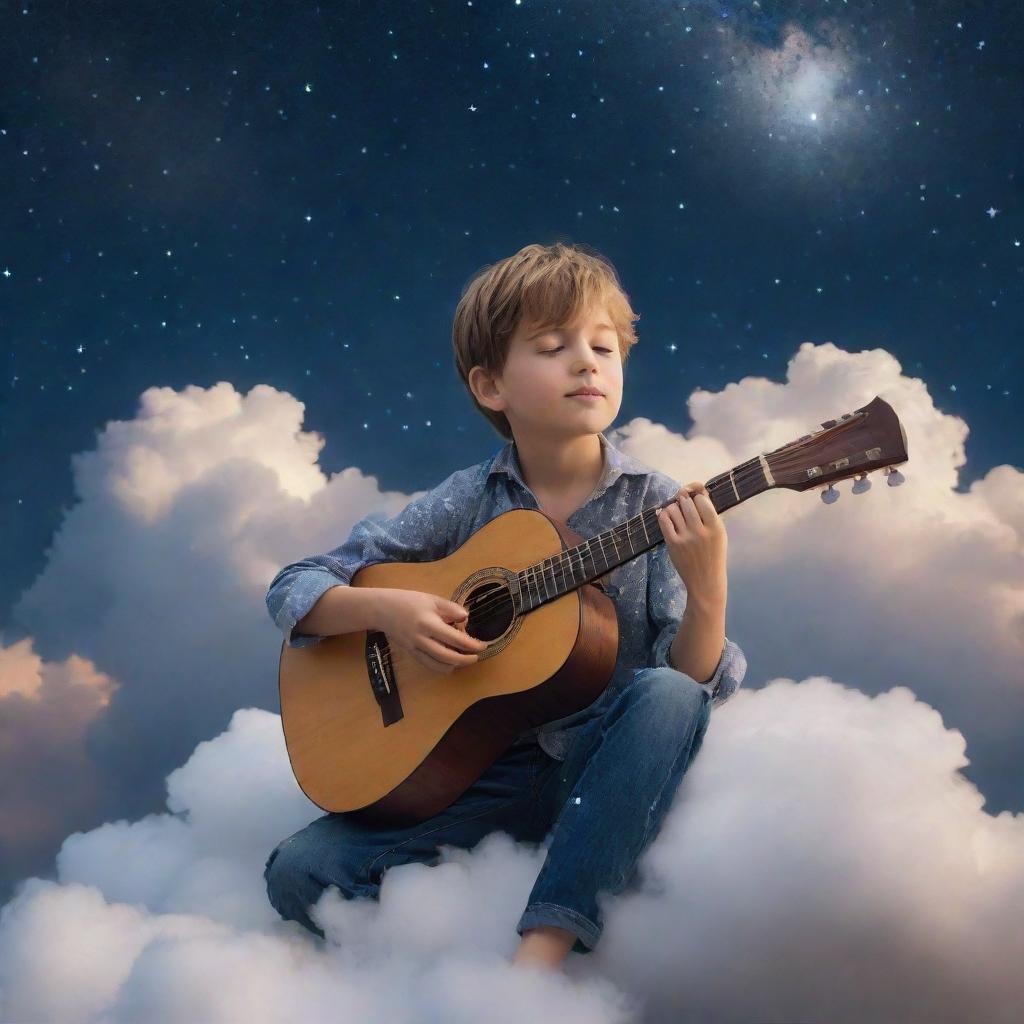 A young boy, serenely poised on a cloud in a celestial heaven, gently playing a wooden guitar under a sky full of stars and ethereal light.