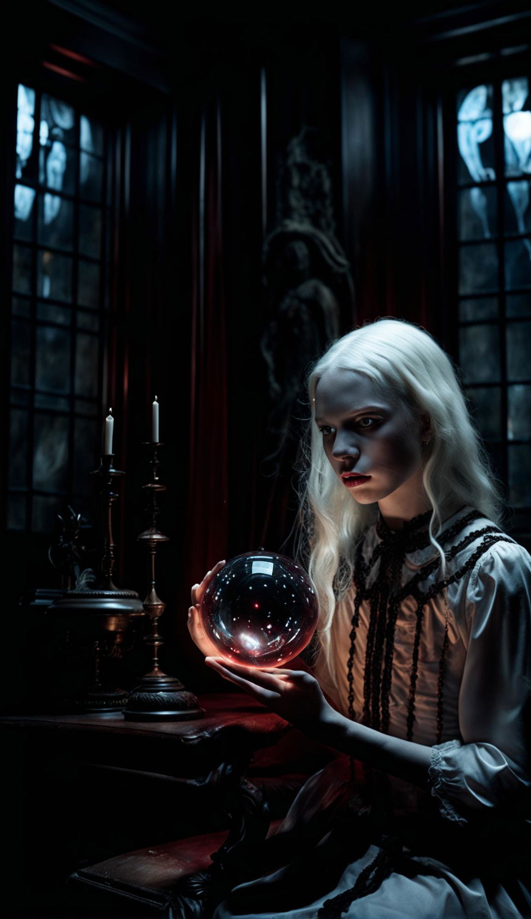 Ultra-high resolution photograph of an albino teenager in a white shift in a Victorian gothic room, sitting at a table and watching a floating dark red crystal ball with a screaming face formed by swirling smoke inside.