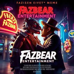 An epic movie poster featuring Fazbear Entertainment, showcasing Endo the animatronic giving a romantic kiss to Mr