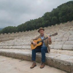 A man wearing vintage attire, sitting in the amphitheatre of ancient Olympia, serenading the ruins with his classic wooden guitar under an overcast sky.