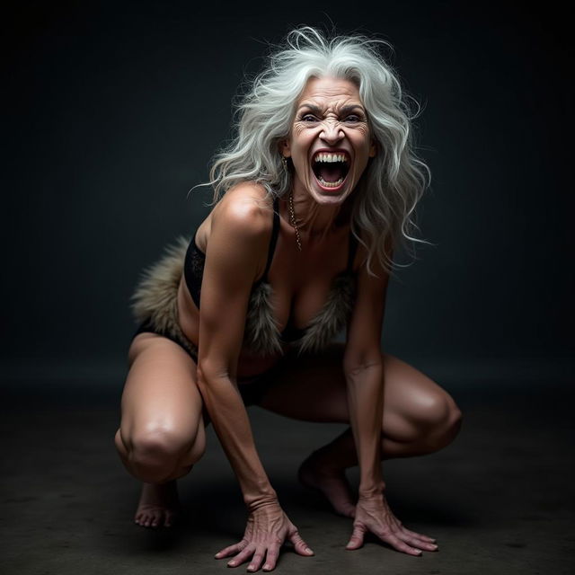 A fierce old wrinkly woman in her 60s with wild, silver curls showcases her toned body as she crouches on all fours, embodying the essence of a sultry werewolf